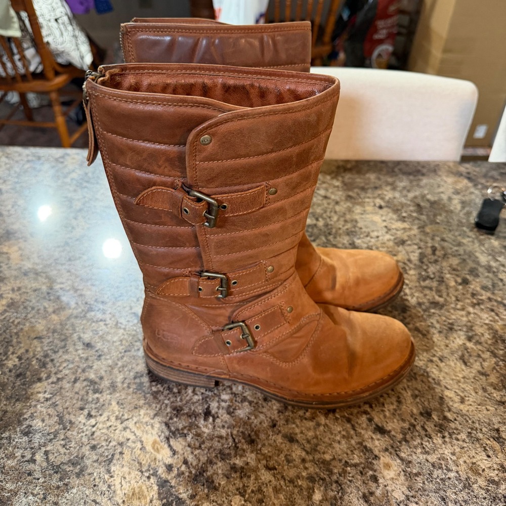 UGG Australia Womens Brown Leather Quilted Buckle Moto Boots Back Zip Tan